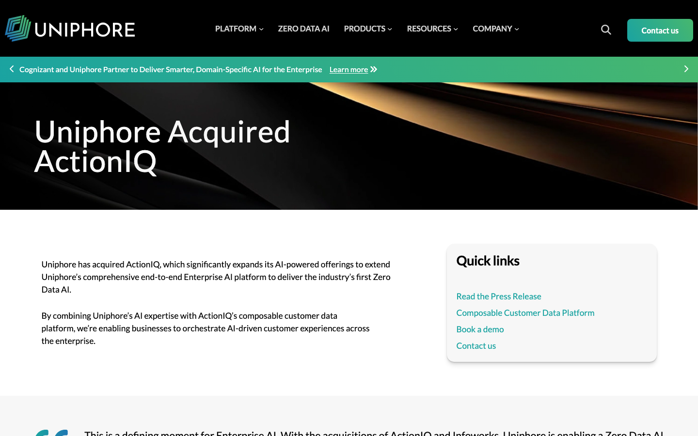 ActionIQ composable CDP homepage showing enterprise customer data activation and audience orchestration platform