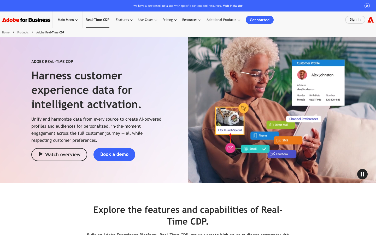 Adobe Real-Time CDP product page showing intelligent activation and customer profile unification for enterprise marketers