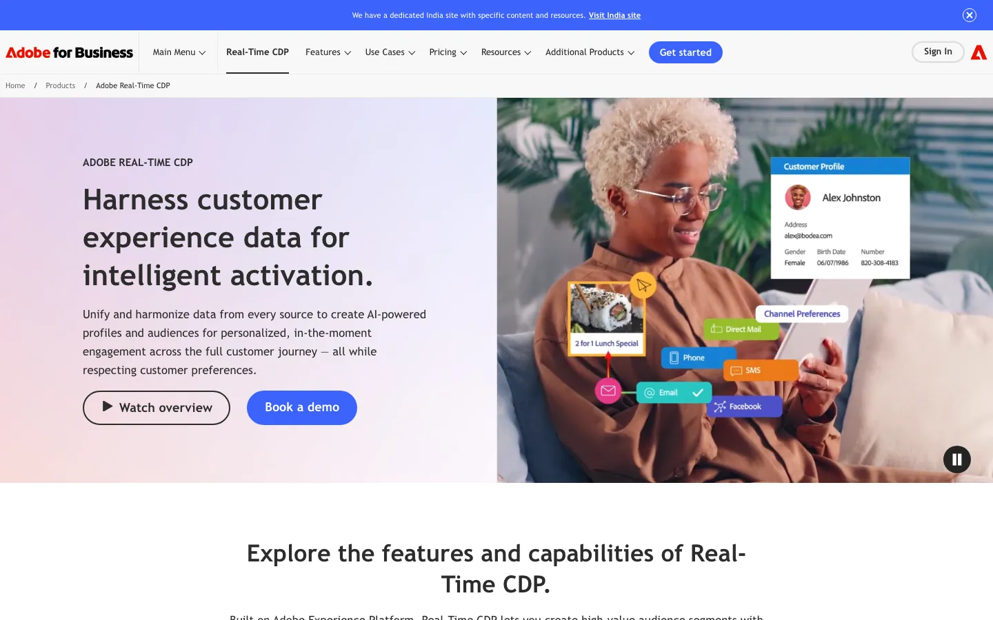 Adobe Real-Time CDP product page showing intelligent activation and customer profile unification for enterprise marketers