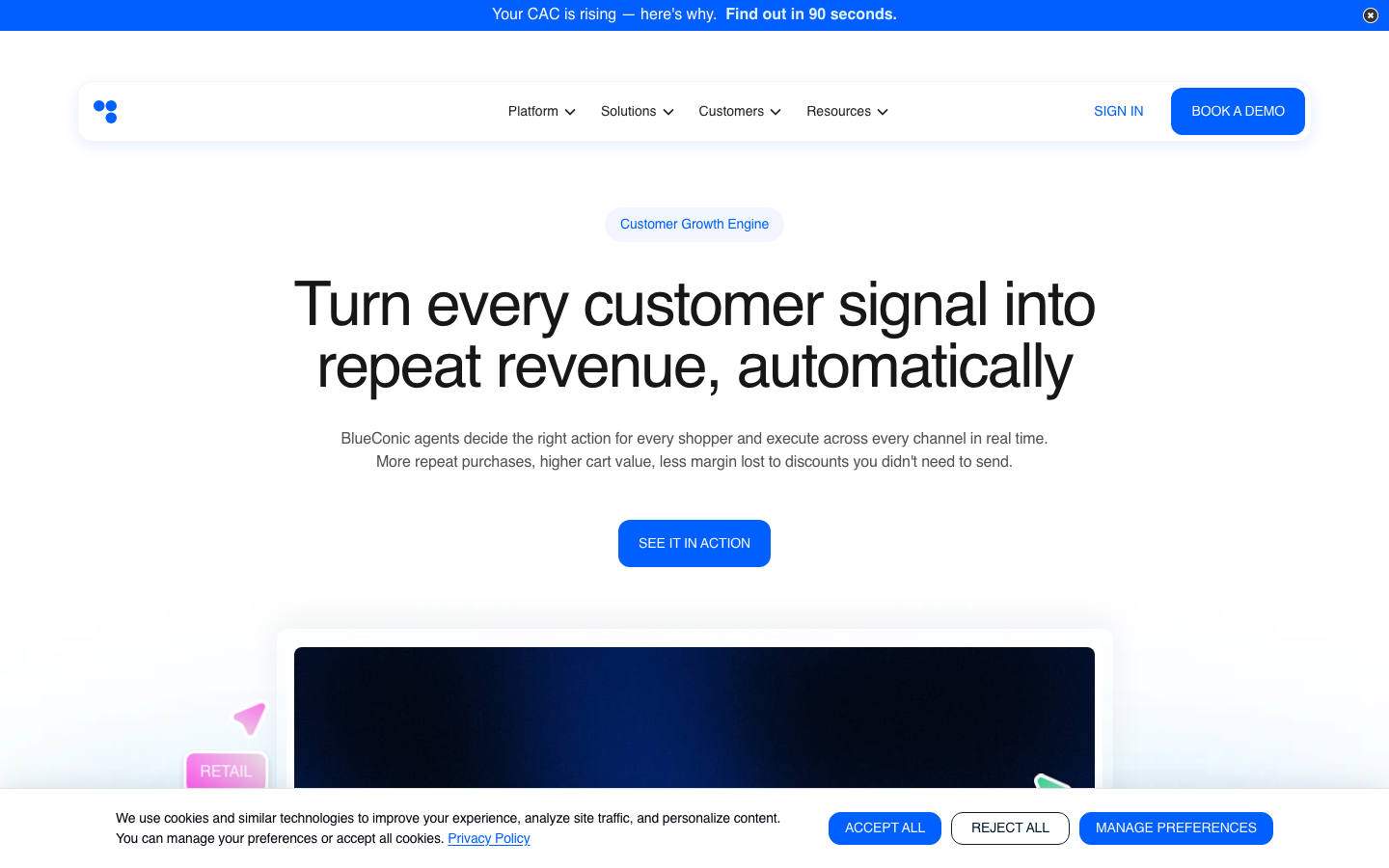 BlueConic CDP homepage showing marketer-friendly customer data platform and profile unification interface