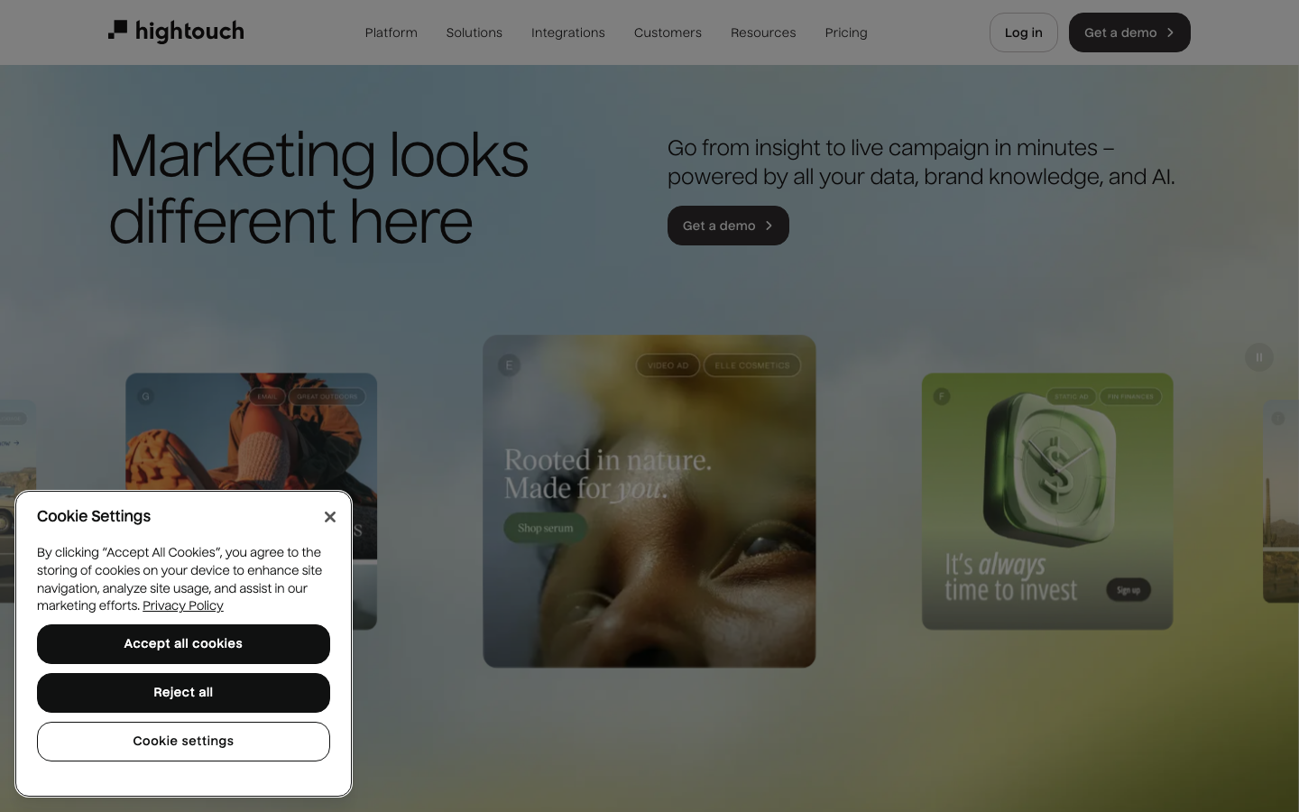 Hightouch composable CDP homepage showing AI-driven marketing platform and warehouse-native activation tagline