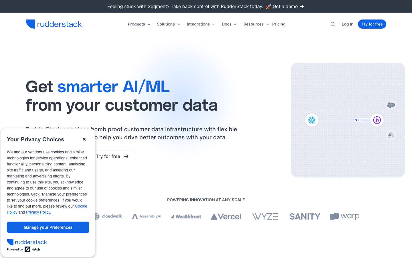 RudderStack warehouse-native CDP homepage showing event streaming and data activation platform