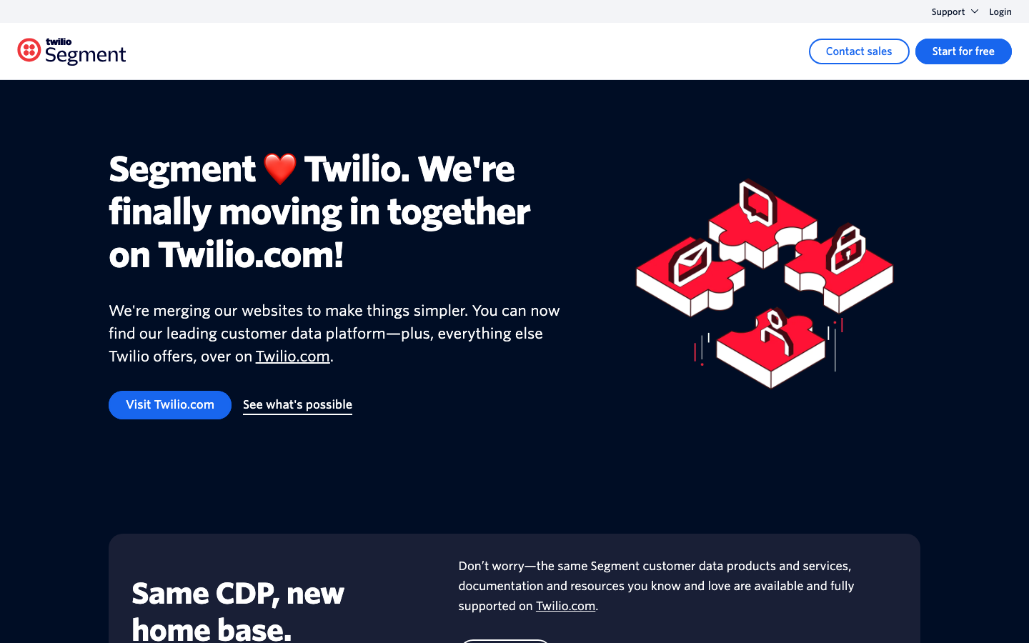 Segment Twilio CDP homepage showing customer data platform rebrand announcement and unified data overview