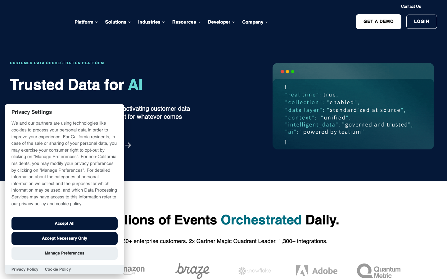 Tealium Customer Data Hub homepage showing trusted data for AI messaging and enterprise CDP positioning