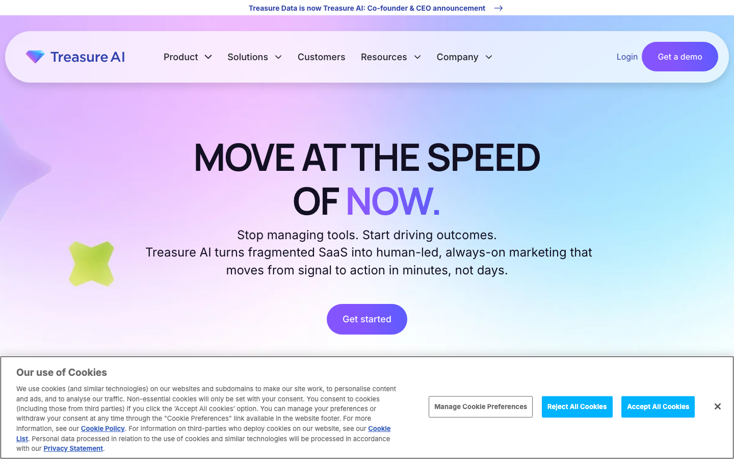 Treasure Data CDP homepage showing enterprise AI-powered customer data platform and unified profile management