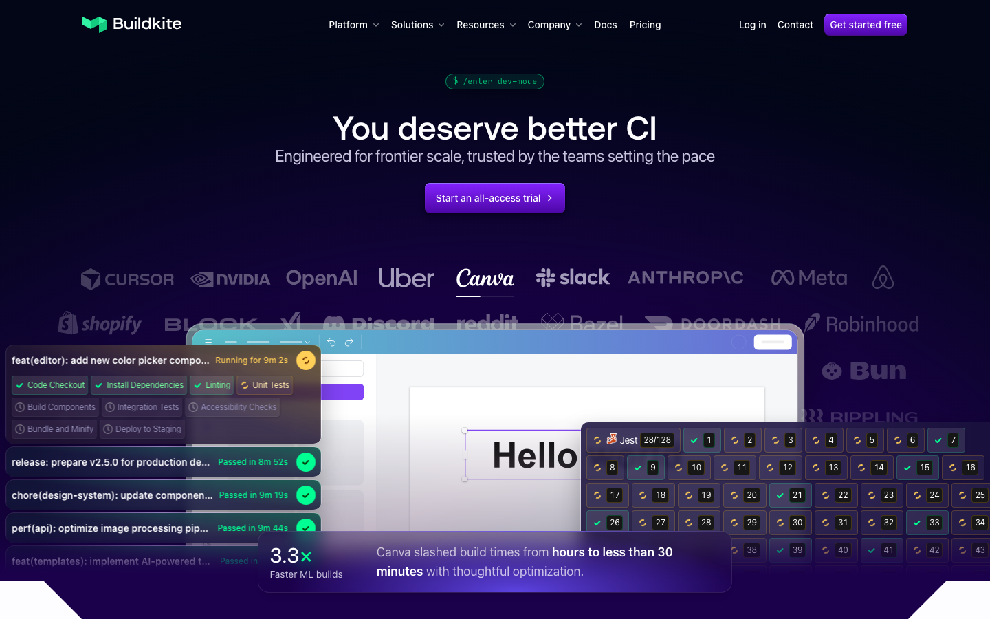 Buildkite homepage showing pipeline UI with enterprise customer logos including NVIDIA, Canva, Shopify, Anthropic
