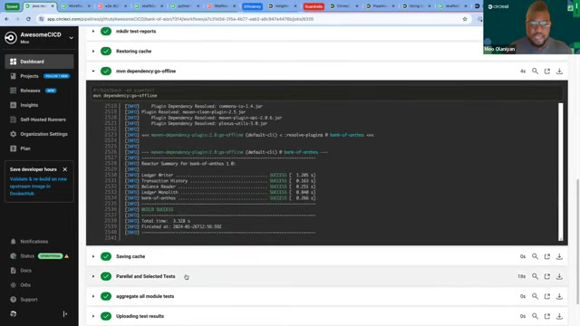 CircleCI pipeline build detail with cache restore and parallel test steps in progress