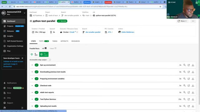 CircleCI test job detail showing parallel Python test steps, timing, and artifacts tabs