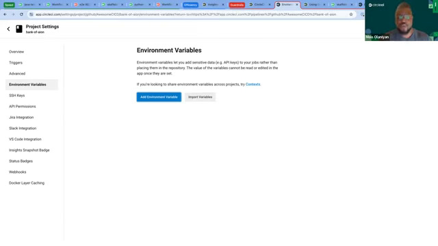 CircleCI project settings screen for adding environment variables to a pipeline