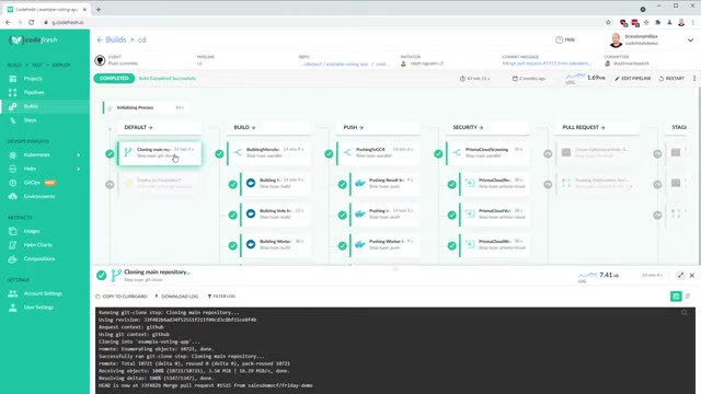 Codefresh pipeline run view showing default, build, push, security, and pull request stages