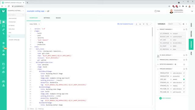 Codefresh YAML pipeline editor for an example voting app workflow with a variables panel