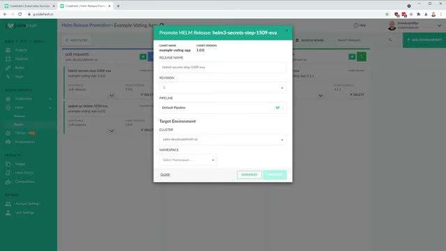Codefresh promote Helm release dialog showing chart name, target cluster, and namespace fields
