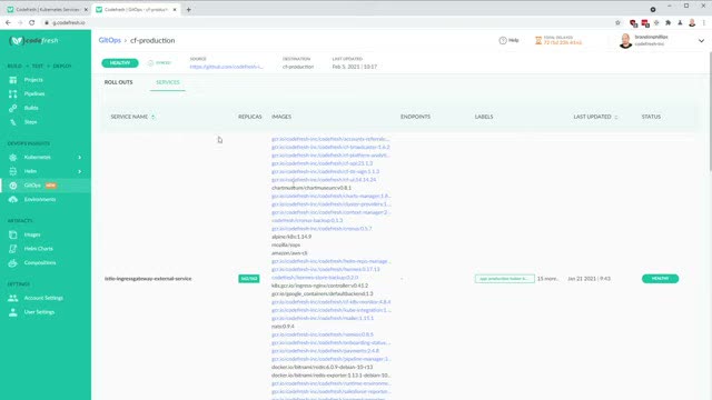 Codefresh GitOps environment view listing production services, images, and health status