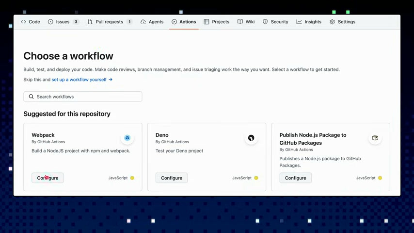 GitHub Actions choose a workflow screen with suggested starter workflows for a repository