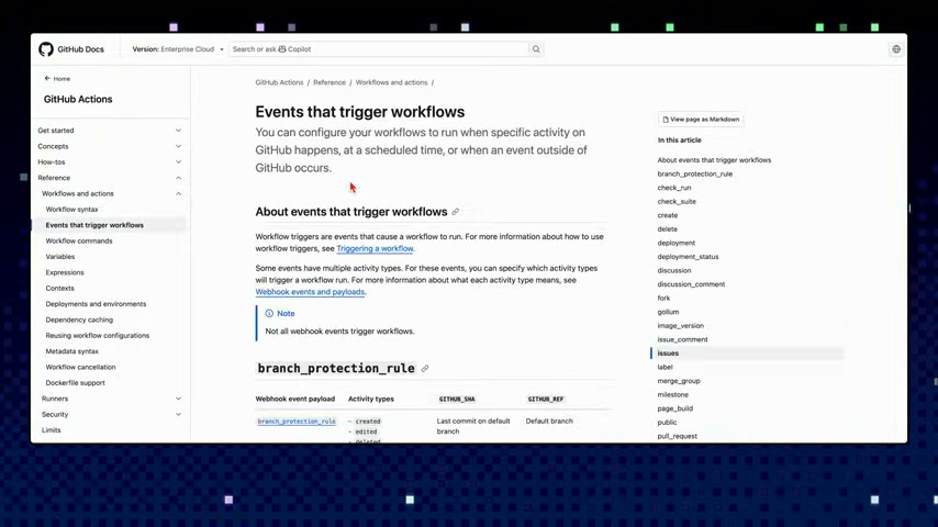 GitHub Actions documentation page explaining events that trigger workflows