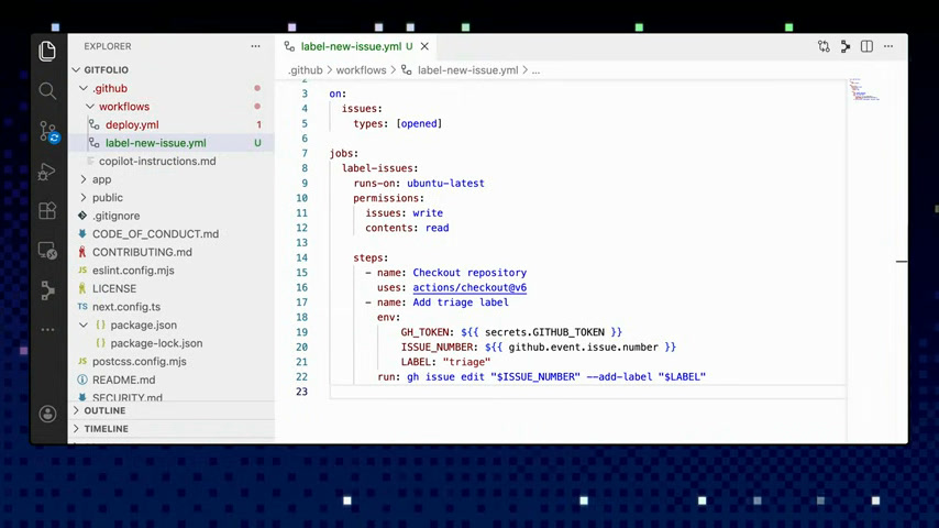 GitHub Actions YAML workflow file open in the GitHub.dev editor with a GITHUB_TOKEN secret referenced