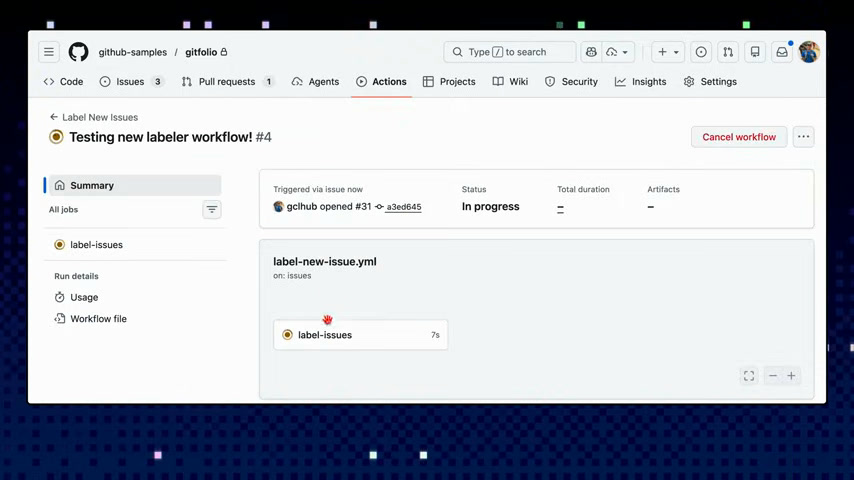 GitHub Actions run result page showing a labeler workflow triggered by an opened issue
