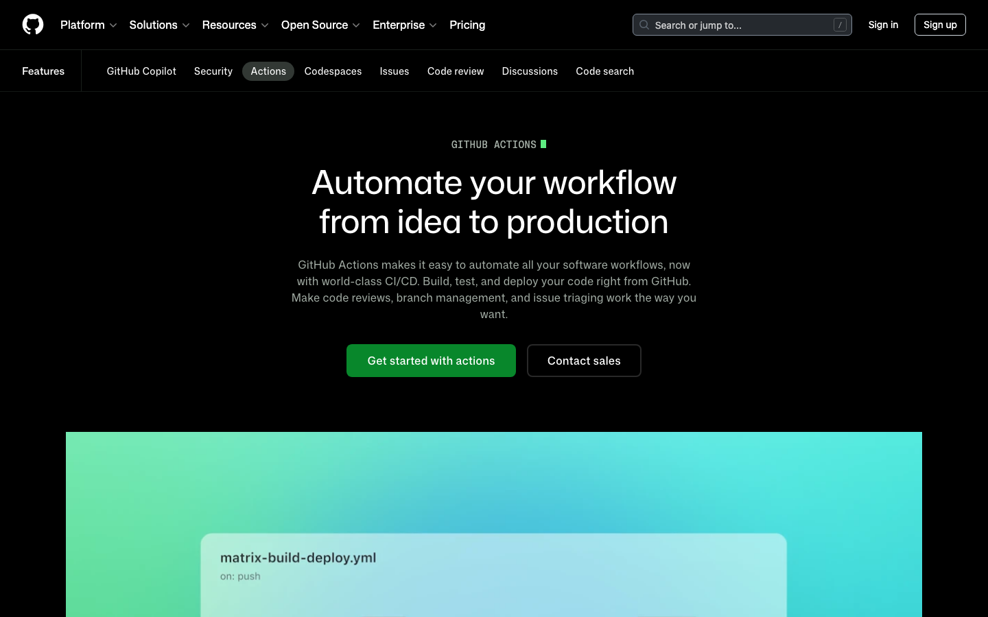 GitHub Actions feature page showing workflow automation from idea to production with YAML pipeline preview