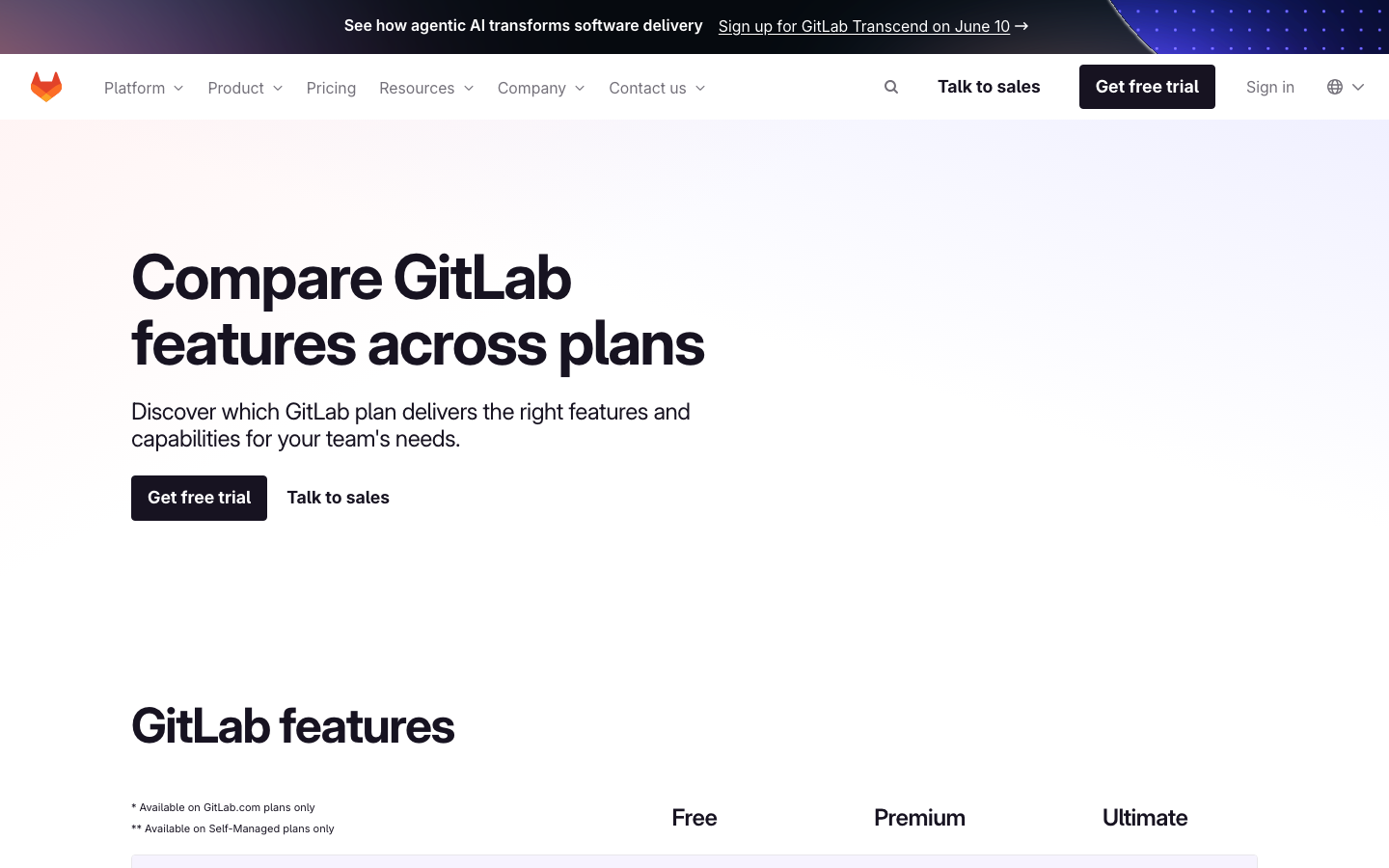 GitLab features comparison page showing Free, Premium, and Ultimate tier CI/CD capabilities