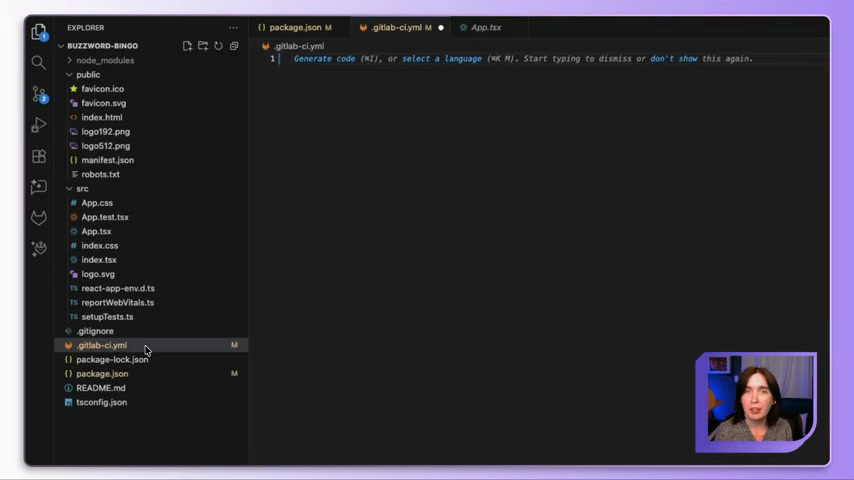 GitLab CI/CD file explorer with .gitlab-ci.yml open in the web IDE
