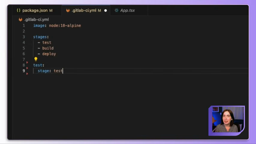 GitLab CI/CD pipeline configuration defining test, build, and deploy stages
