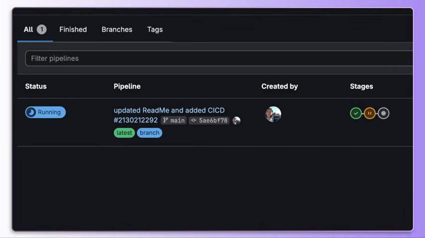 GitLab CI/CD pipelines list showing a running pipeline with branch and commit details