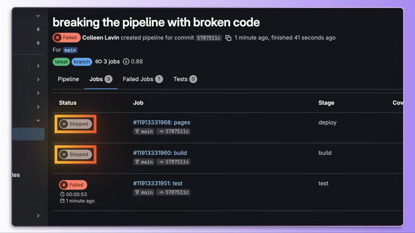 GitLab CI/CD pipeline job detail showing a failed test job and skipped downstream jobs
