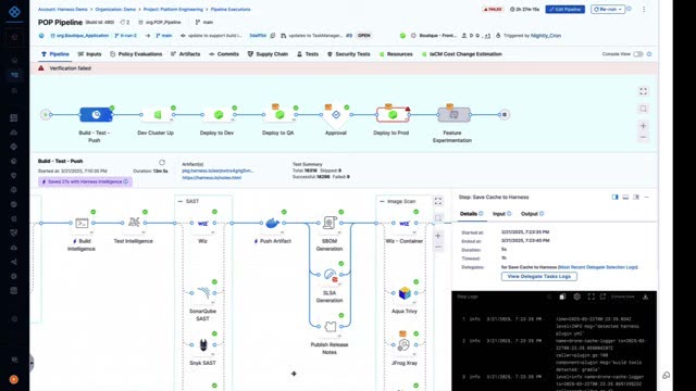 Harness build stage pipeline graph showing SAST, SBOM generation, and container image scanning steps