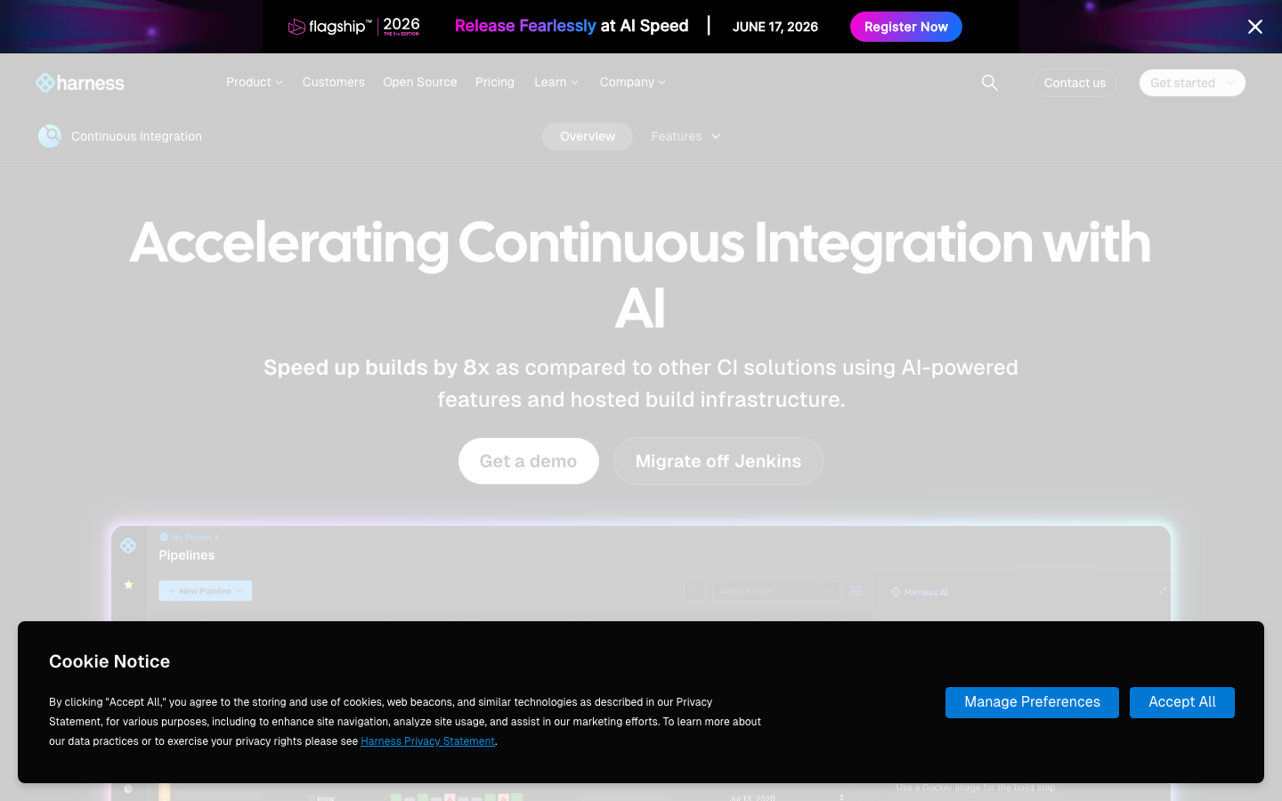 Harness Continuous Integration product page showing AI-powered pipeline dashboard and pipeline management UI