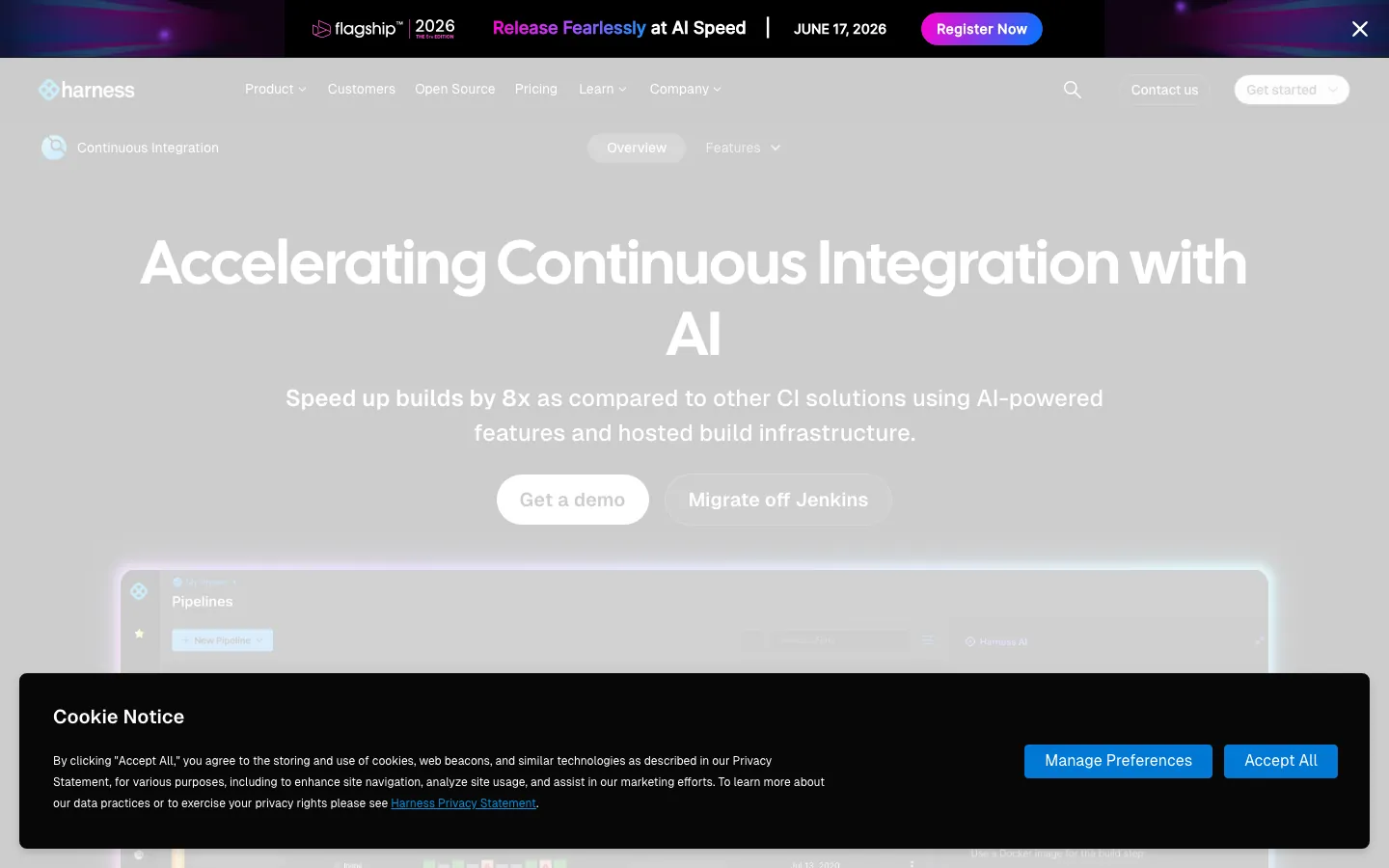 Harness Continuous Integration product page showing AI-powered pipeline dashboard and pipeline management UI