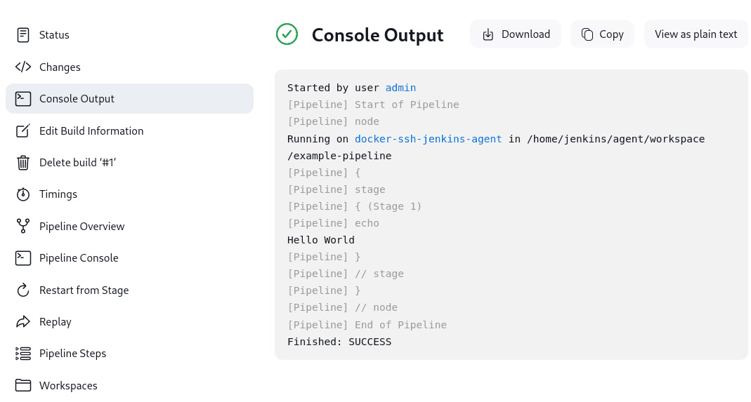 Jenkins classic UI console output for a successful example-pipeline build