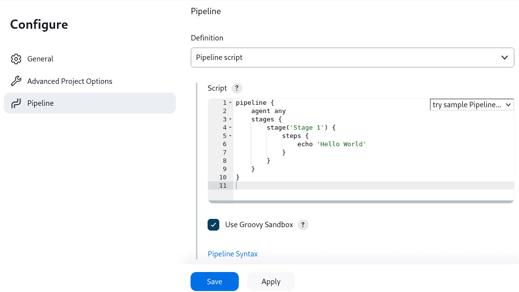 Jenkins classic UI pipeline configuration page with a Groovy pipeline script