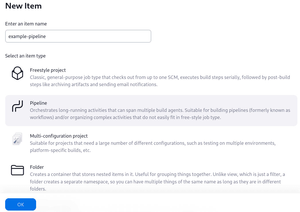 Jenkins new item creation page listing Freestyle, Pipeline, and Multibranch project types