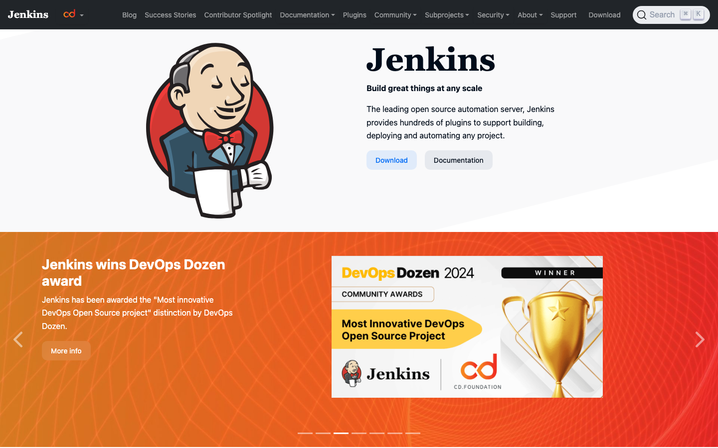 Jenkins open source CI/CD homepage showing automation server project overview and community documentation