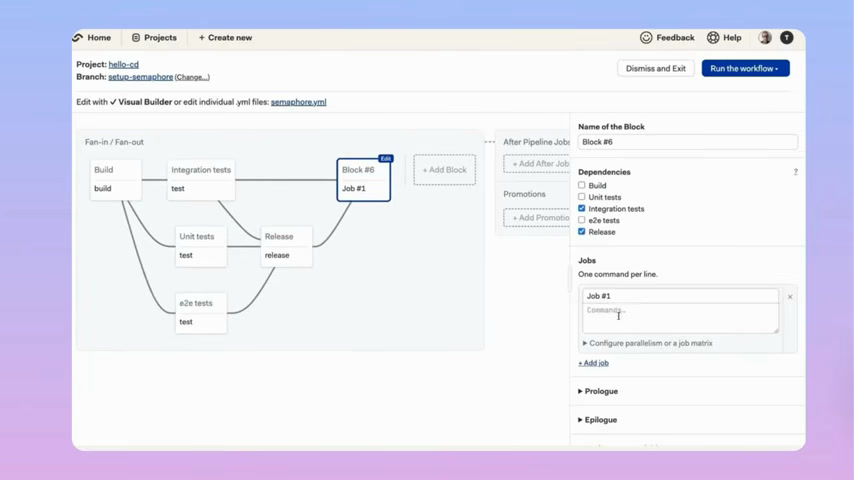 Semaphore visual pipeline block builder showing fan-in and fan-out job dependencies