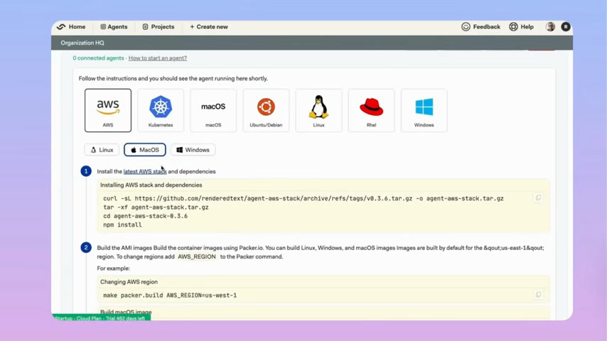 Semaphore organization HQ screen for installing self-hosted agents on AWS, macOS, Linux, and Windows