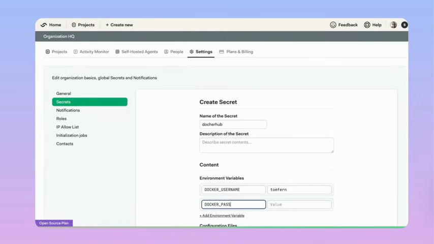 Semaphore create secret screen for storing environment variables and configuration files