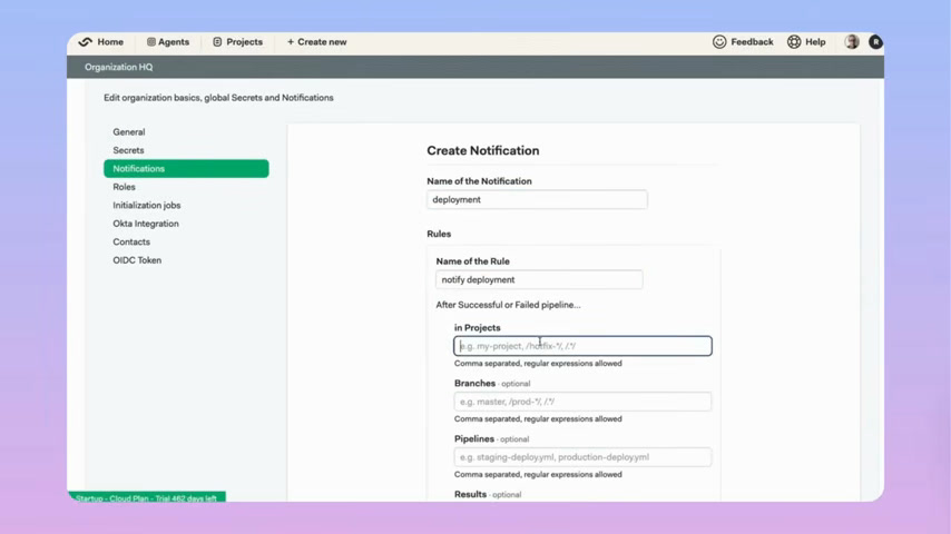 Semaphore notification rule builder scoped to specific branches and pipeline results