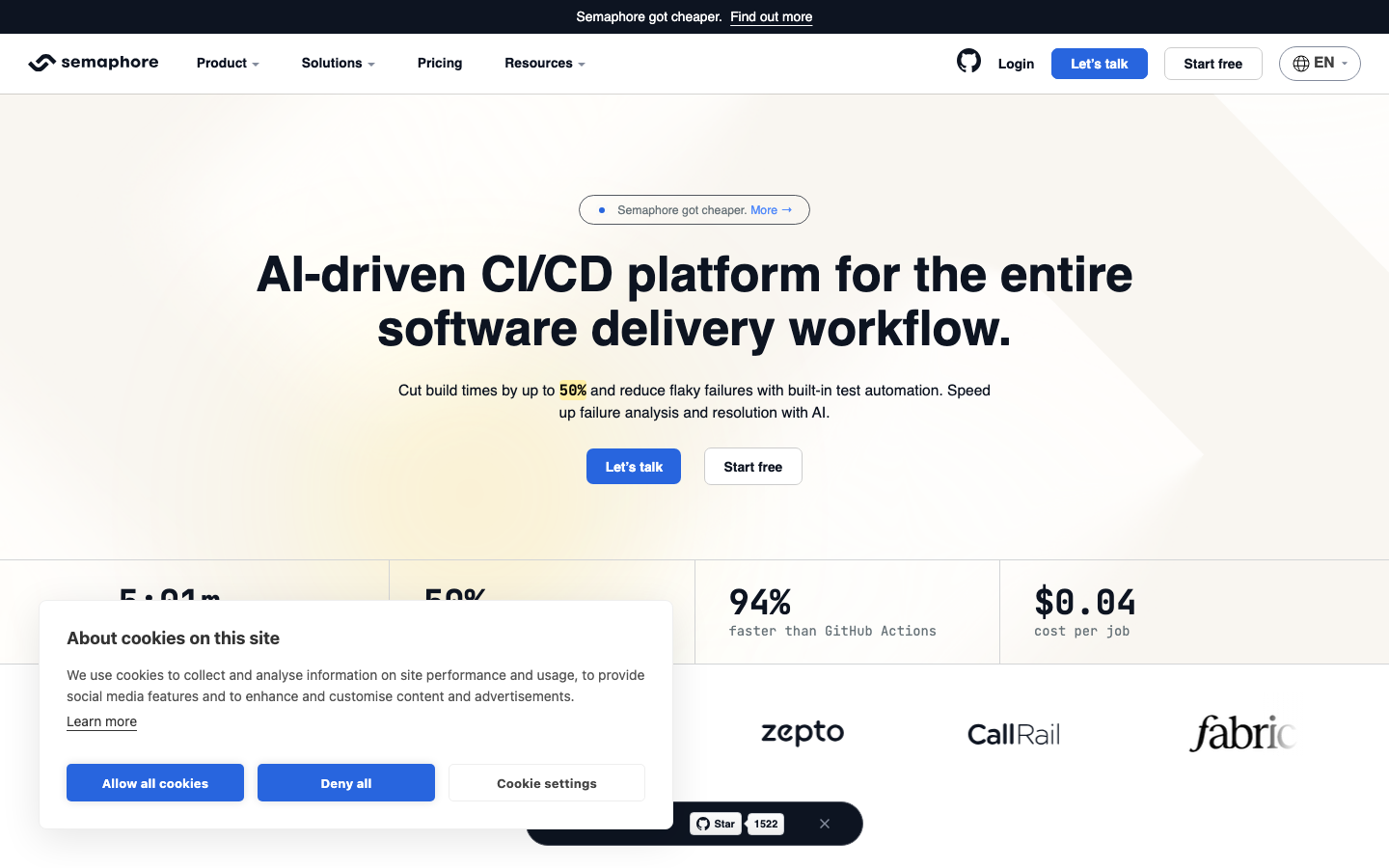 Semaphore CI homepage showing fast pipeline builds with performance benchmarks and pricing comparison