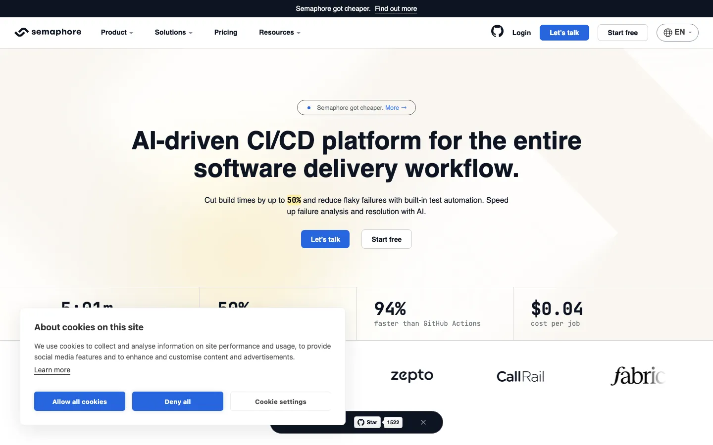 Semaphore CI homepage showing fast pipeline builds with performance benchmarks and pricing comparison