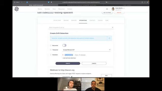 Spacelift create drift detection form with reconcile schedule and webhook trigger options