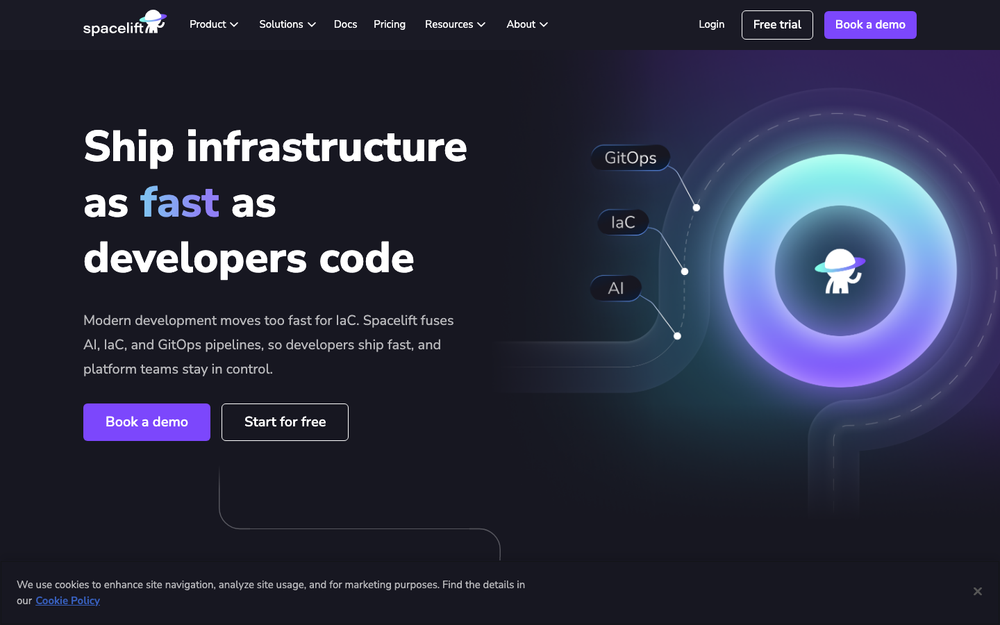 Spacelift infrastructure CI/CD platform homepage showing IaC orchestration for Terraform, Pulumi, and Ansible