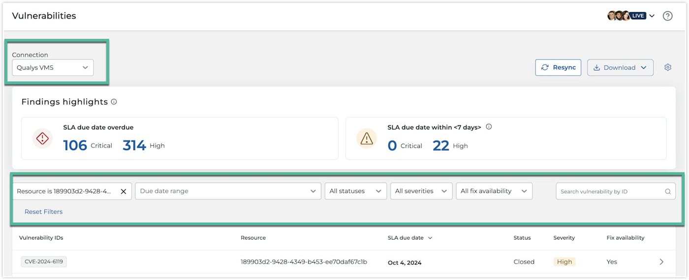 Drata vulnerabilities view showing SLA findings by severity from a connected scanner