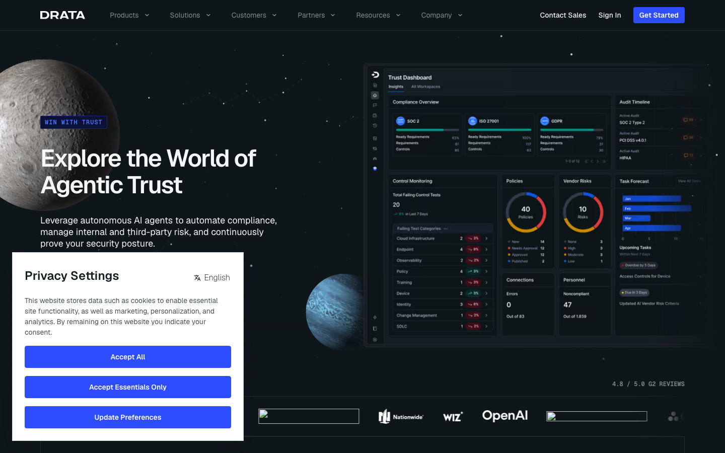 Drata compliance platform homepage with agentic trust dashboard and control monitoring overview