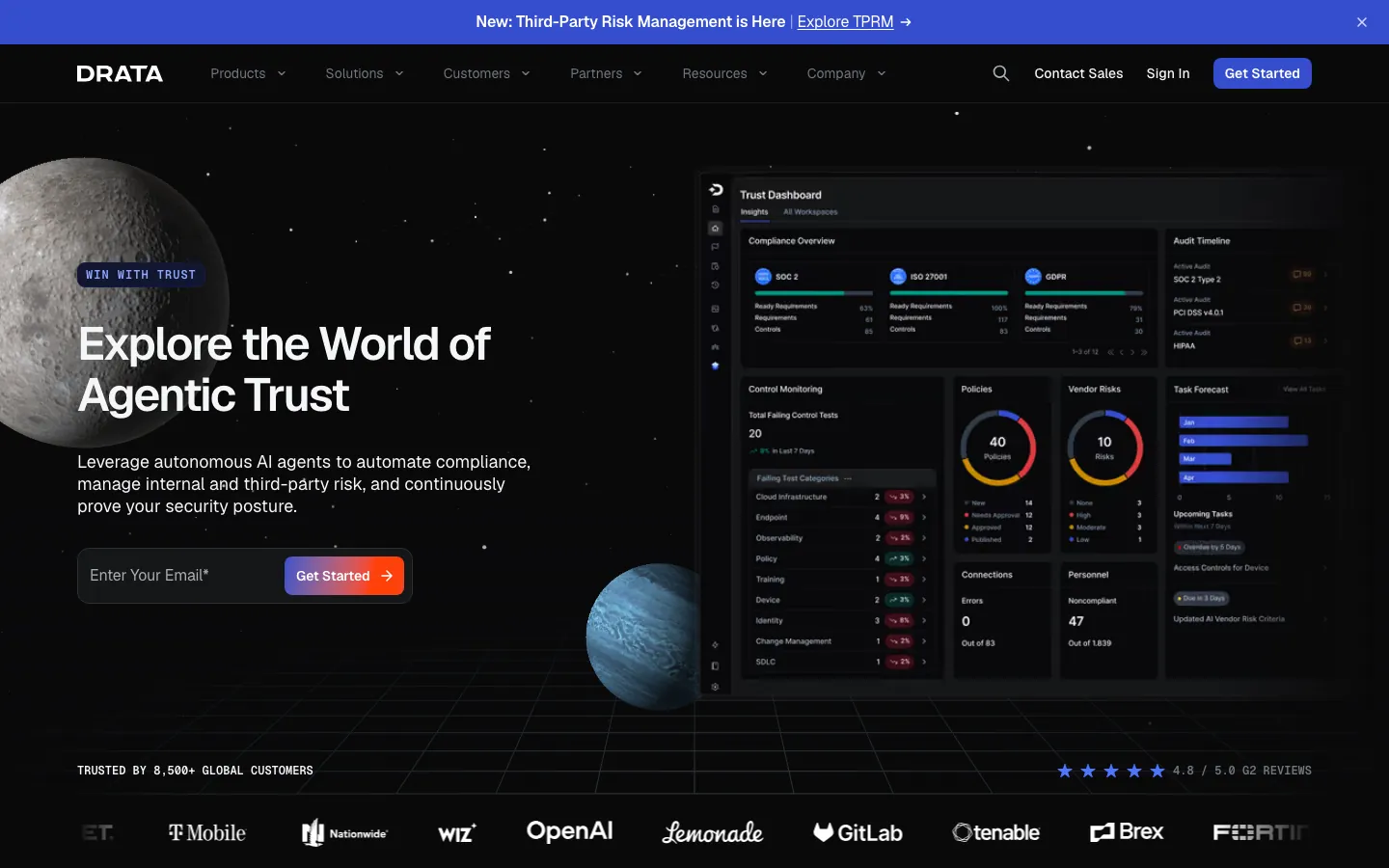 Drata compliance platform homepage with agentic trust dashboard and control monitoring overview