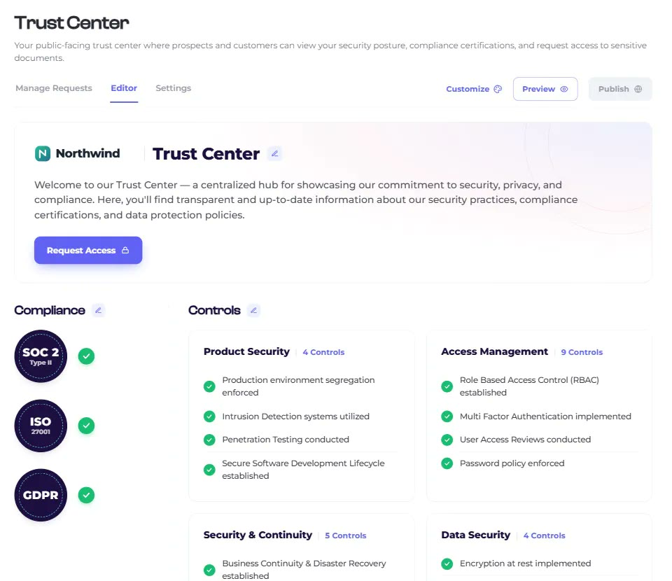 Scytale Trust Center editor showing published compliance certifications and grouped controls
