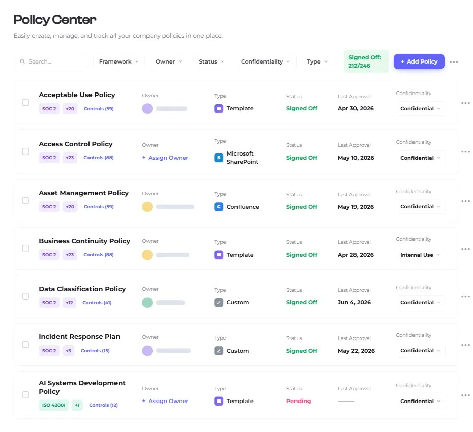 Scytale Policy Center listing company policies with framework tags, owners and sign-off status