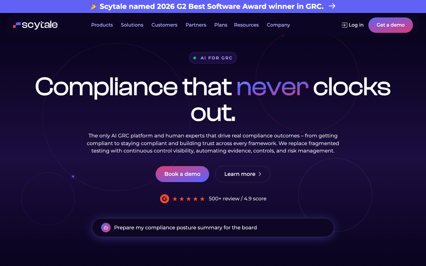 Scytale AI GRC compliance platform homepage with continuous compliance and framework automation messaging