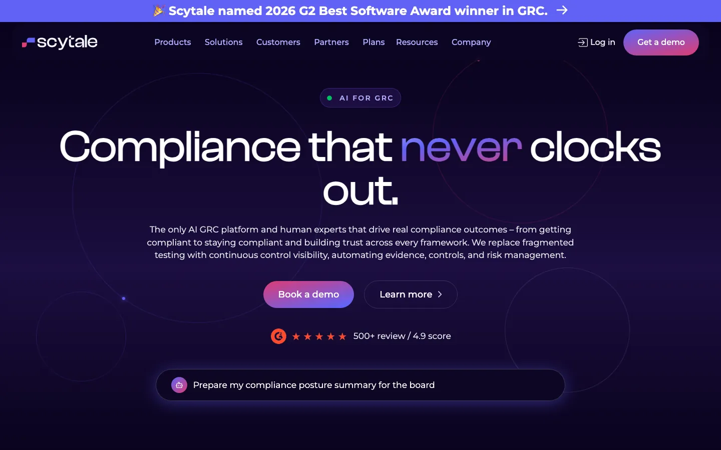 Scytale AI GRC compliance platform homepage with continuous compliance and framework automation messaging