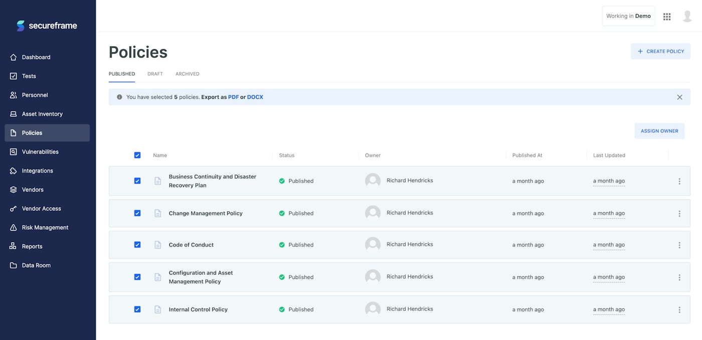 Secureframe policies list with published status and last-updated dates